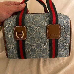Gucci Denim Monogram Mini Bag with Red and Green Straps